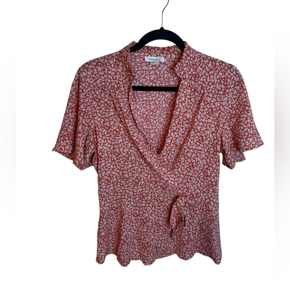 Monteau Coral Ditsy Floral Cottagecore Faux Wrap Top